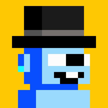 A simple pixel art illustration depicts a blue character wearing a black top hat, featuring a mustache and a single visible eye, set against a solid yellow background.