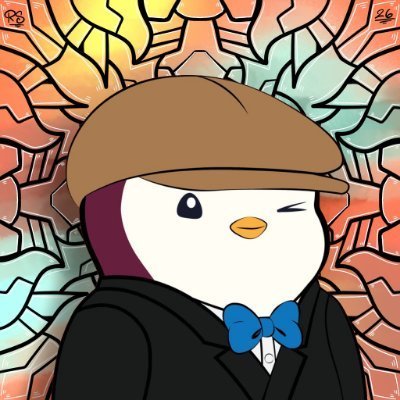 Digital art of a cartoon penguin wearing a brown cap, black hoodie, and blue bowtie, set against a graffiti-style background.