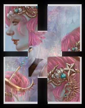 The image features a collage of four pictures, each depicting a woman with pink hair wearing a crown or headdress adorned with gold stars and other embellishments. The first picture shows a close-up view of the woman's face, while the second picture provides an overview of her entire appearance. The third picture offers another perspective on the woman's features, and the fourth picture is a side profile that highlights the intricate details of the crown or headdress she is wearing.

The post appears to be related to a contest where participants are required to create a collage based on a specific theme. The image showcases the creativity and talent of the artist who has crafted this captivating piece, which also includes elements such as a sword and a star in addition to the woman's crown or headdress.