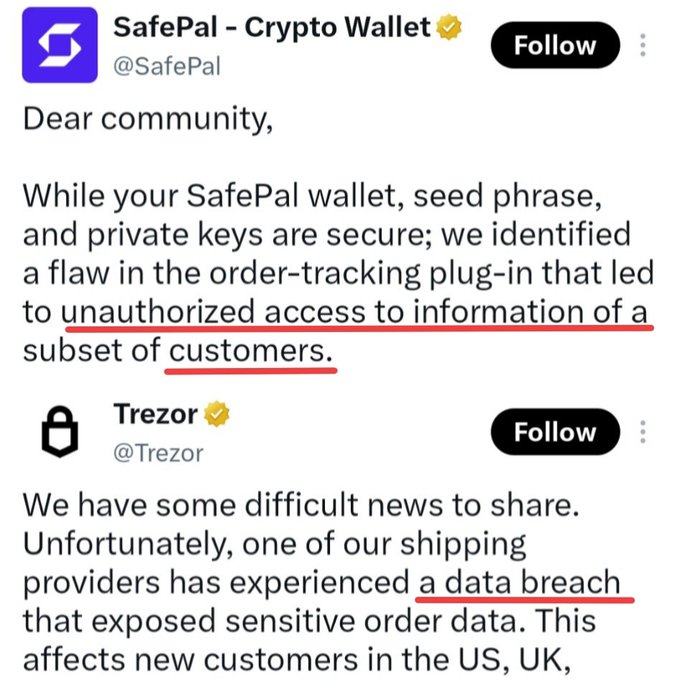Two tweets from crypto hardware wallet companies @SafePal and @Trezor announcing data breaches affecting customer information through third-party shipping/order-tracking providers, though seed phrases and private keys remain secure. The post highlights how leaked personal details like names, shipping addresses, phone numbers, and emails could be exploited for targeted phishing attacks—both physically and digitally.