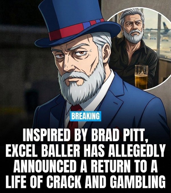 The image shows a breaking news-style meme with an anime-style illustration of an older man in a top hat alongside a real photo of actor Brad Pitt holding a beer. The headline reads: "INSPIRED BY BRAD PITT, EXCEL BALLER HAS ALLEGEDLY ANNOUNCED A RETURN TO A LIFE OF CRACK AND GAMBLING." The meme appears to be AI-generated content created via makooor.com, using Brad Pitt's image and a fabricated tabloid-style headline for humorous effect.