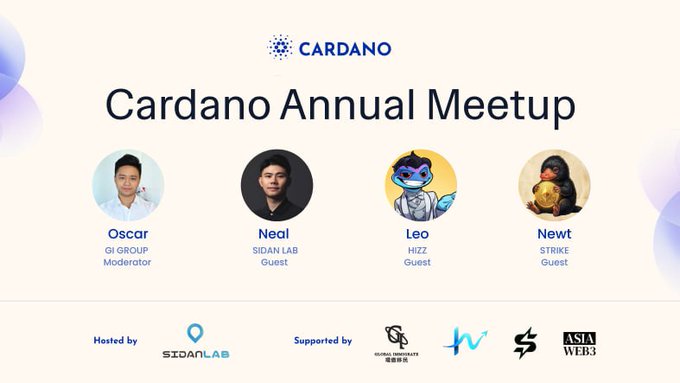Promotional graphic for the "Cardano Annual Meetup" featuring the Cardano logo at the top, showcasing four speaker avatars: Oscar (Gi Group, Moderator), Neal (SiDan Lab, Guest), Leo (HiZZ, Guest), and Newt (Strike, Guest), hosted by SiDan Lab with support from several partners including Asia Web3.