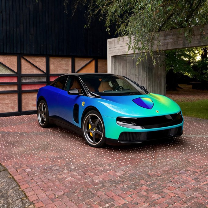 The image features a blue, black, and green car parked outside of a building with a garage door. The car has a large shield on its hood that displays the word "Ferrari". There are two posts in the image, one located near the top left corner and another at the bottom right corner. The text in the image reads: "You're offered 5.8 BTC in your Trust Wallet or the new Ferrari worth $640k what you picking?".