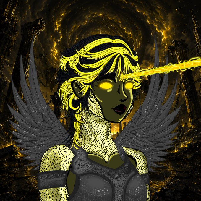 A dark fantasy digital illustration depicts a winged humanoid figure with glowing yellow hair and eyes, set against a swirling golden and black background with classical ruins.