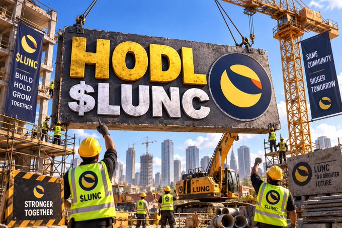 A digitally created image of construction workers holding up a large banner that reads "HODL $LUNC" with the LUNC cryptocurrency logo, featuring banners around them with slogans like "BUILD HOLD GROW TOGETHER" and "SAME COMMUNITY BIGGER TOMORROW."