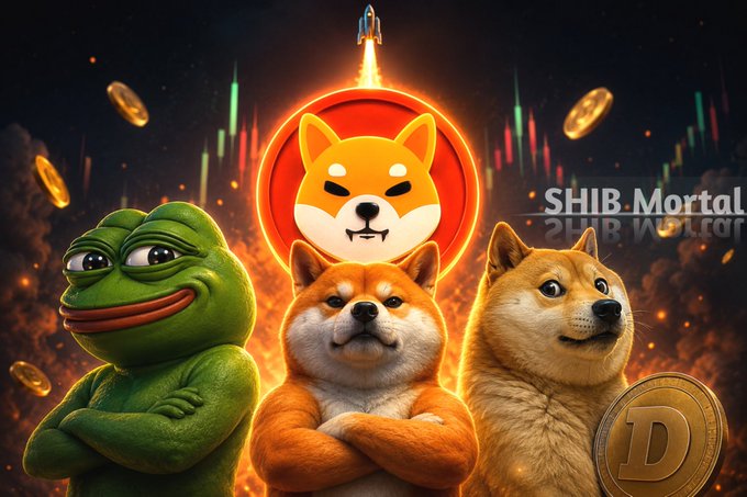 A 'SHIB Mortal' digital artwork showing Pepe the Frog alongside two Shiba Inu dogs in front of a red glowing circle and Dogecoin with a rocket launching behind them.