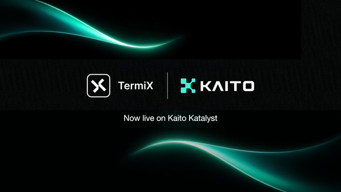 A promotional graphic displays the logos 'Termix' and 'KAITO' with the text 'Now live on Kaito Katalyst' against a dark background with glowing teal waves.