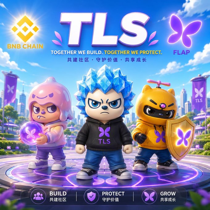 A promotional image for 'TLS' token on BNB Chain with the tagline 'TOGETHER WE BUILD. TOGETHER WE PROTECT.' featuring three cartoon mascots and 'FLAP' branding, with Chinese text and BUILD/PROTECT/GROW labels.