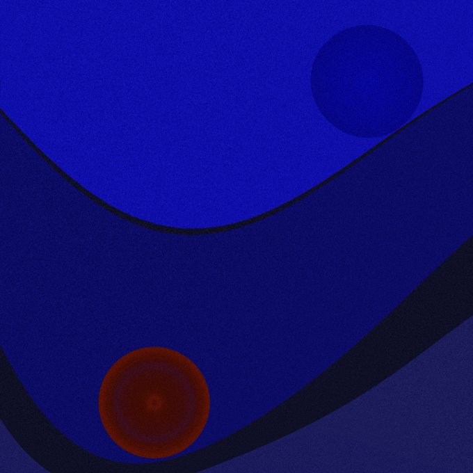 A minimalist abstract composition features curved dark blue and black bands sweeping across a textured blue background, accented by a faded dark blue circle in the upper right and a red-orange circle in the lower left.