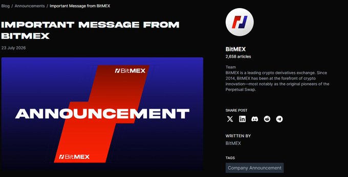 A BitMEX blog announcement page dated 23 July 2026 with a large red and blue graphic reading 'ANNOUNCEMENT'.