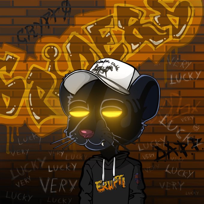 An illustrated black mouse with glowing yellow eyes wearing a "Grafitti" hoodie and a white cap stands against a graffiti-covered brick wall tagged with "LUCKY," "VERY," "CRYPTO," and "OKR." The post reveals this is a final NFT art piece dedicated to Gary Vaynerchuk (@garyvee) in appreciation for his contributions to the NFT community.