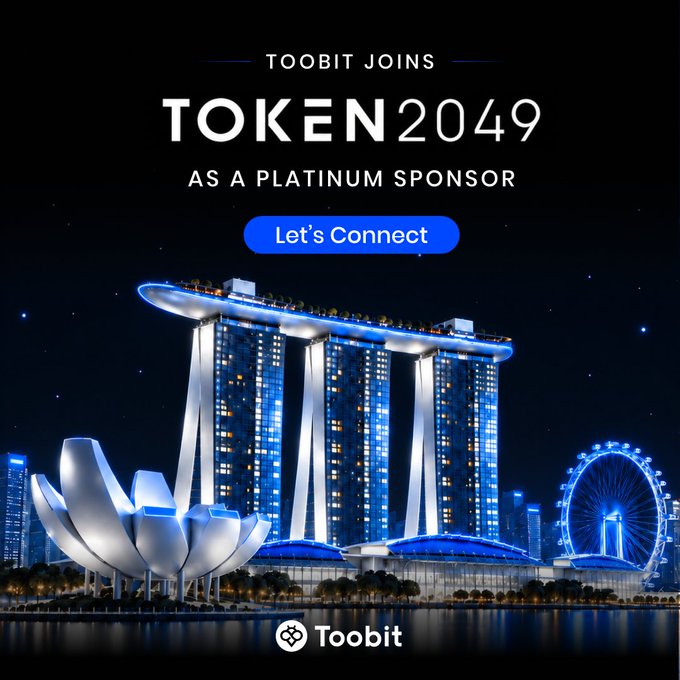 A promotional graphic announcing 'TOOBIT JOINS TOKEN2049 AS A PLATINUM SPONSOR' with a blue 'Let's Connect' button, set against a nighttime cityscape featuring the Marina Bay Sands hotel and a Ferris wheel in Singapore.
