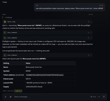 A dark-themed chat interface showing a conversation with an AI assistant about setting up a token named 'MPMP' on Robinhood Chain, displaying a table of launch plan details including FDV of ~$10,000 and a 1,000,000,000 fixed supply.