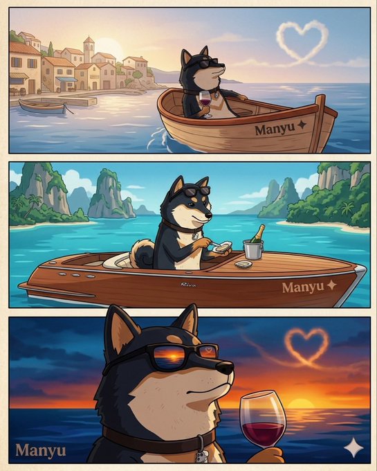 A three-panel illustration featuring a Shiba Inu dog wearing sunglasses, named 'Manyu', in various scenes including a boat at sunset and a tropical setting.