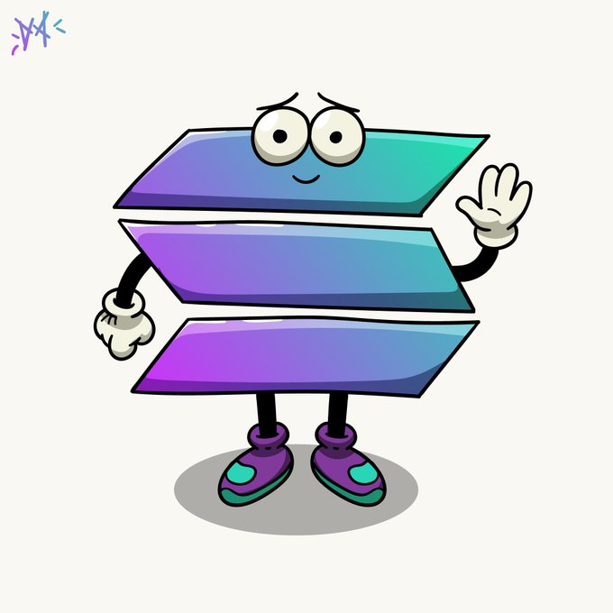 A cartoon illustration of the Solana logo stylized as a character with eyes, arms, and legs, waving one hand in greeting.