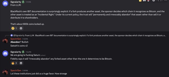 A screenshot of a Discord conversation features posts from "Signarity" and "SpectreGen" discussing BlackRock's IBIT documentation, noting that if a fork produces another asset, the sponsor decides the recognized Bitcoin chain, resulting in approximately 80K abandoned coins.