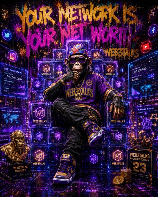 The image features a monkey sitting on a chair surrounded by various objects such as a trophy, a gold coin, and a book titled "Webstalkers". The background of the image has purple and blue neon lights, giving it an artistic and vibrant appearance. The caption at the bottom of the image reads "Your network is your net work! Webstalks 23".