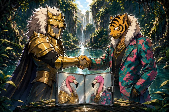 In a lush tropical setting with a waterfall in the background, an armored lion and a flamboyantly dressed tiger clasp hands in agreement, while a briefcase before them displays images of pink flamingos. The image illustrates the post about how positive feedback motivates the flamingos to "keep flying" forward.