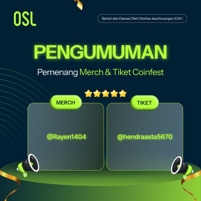 A dark green announcement graphic from OSL declares "PENGUMUMAN Pemenang Merch & Tiket Coinfest" (Announcement of Merch & Coinfest Ticket Winners), revealing @Rayen1404 as the merchandise winner and @hendraasta5670 as the Coinfest ticket winner under the "Berizin dan Diawasi Oleh Otoritas Jasa Keuangan (OJK)" banner.