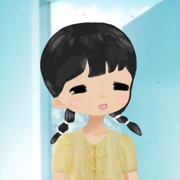 A cute chibi-style character with black hair in twin braids and a yellow dress smiles against a bright blue sky background, likely serving as a profile image or NFT artwork related to the NFT collections mentioned in the post.