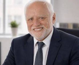 A digitally distorted/elongated portrait of an older man with white hair and beard, wearing a dark suit and tie, smiling in an office setting.