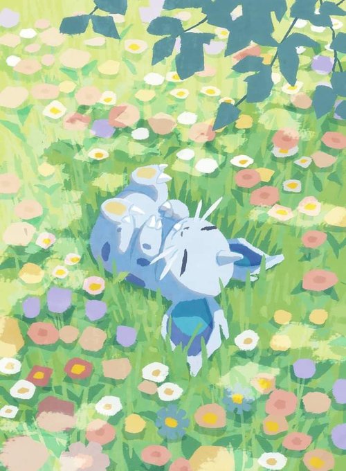 An anime-style illustration of a blue cat-like creature with horns sleeping peacefully in a field of colorful flowers beneath leafy branches.