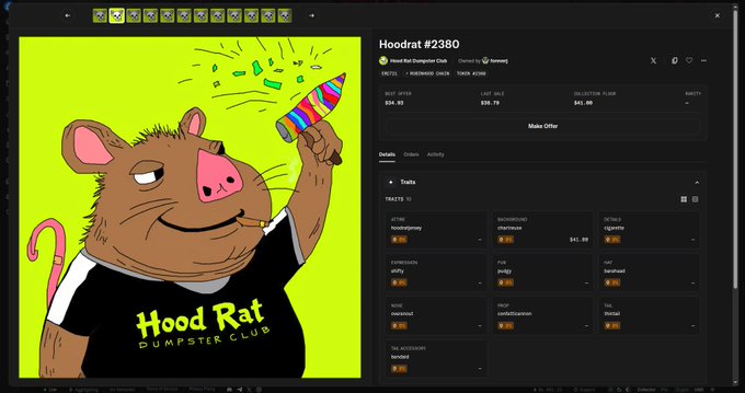 A screenshot of a Hoodrat #2380 NFT item on an OpenSea-style marketplace, showing it owned by 'rh_machines_deployment' with a last sale of 0.75 ETH and listed traits like Background and Body.