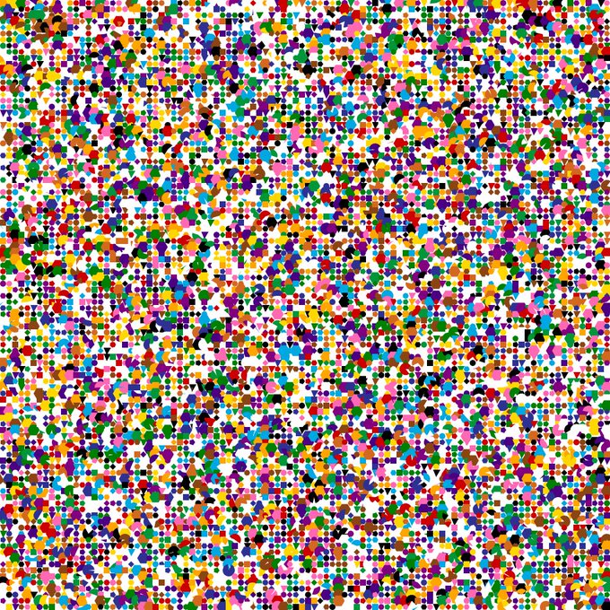A colorful mosaic of small heart, cross, and floral shapes in various bright colors creating a dense pattern.