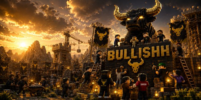 A LEGO-style scene depicts a "BULLISH" fortress with a massive bull statue, where builders including figures wearing "BANSEM" and bull-logo shirts construct the structure with cranes and ladders, visually embodying the message of community collaboration and the ongoing building of something bigger in the $ANSEM community.