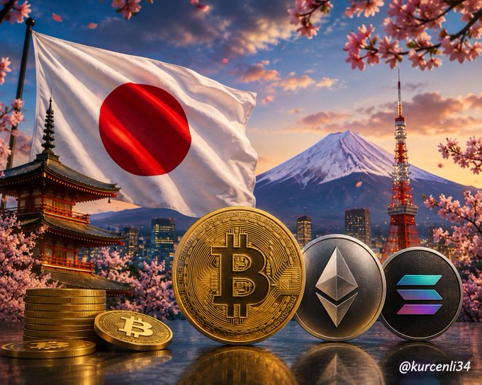 Japan's flag waves over Mount Fuji and Tokyo Tower with cherry blossoms, alongside Bitcoin, Ethereum, and Solana coins—symbolizing Japan's official recognition of cryptocurrency as a financial asset, a major milestone elevating crypto beyond its previous classification as merely a payment tool or digital asset.