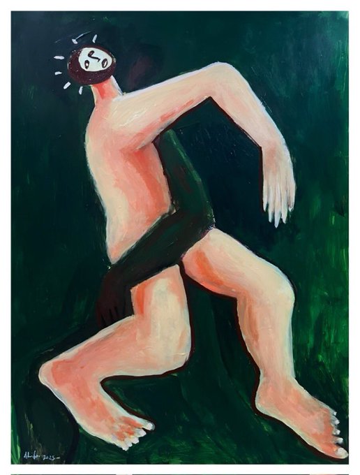 A stylized painting of a pink-skinned figure with a dark, sun-like face in a dynamic, crouching pose against a dark green background. The artwork is signed in the bottom left corner.
