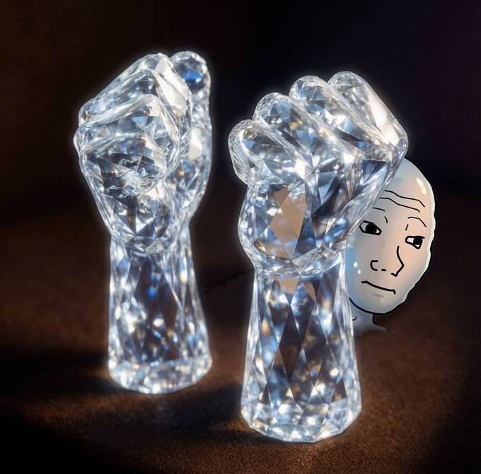 Two crystal figurines shaped like raised fists sit on a dark surface, accompanied by a small white decorative piece with a face design.