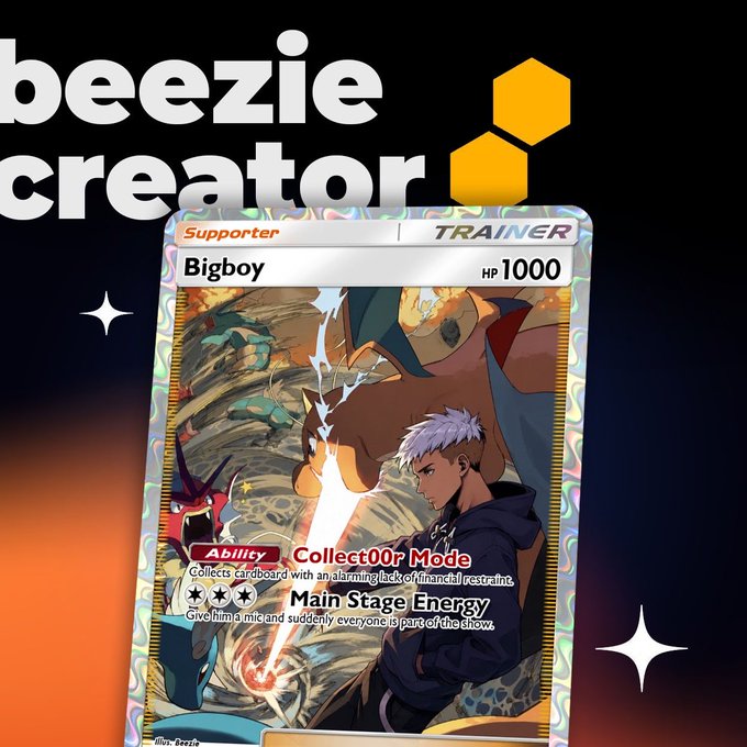 A promotional image for 'beezie creator' showcasing a digital trading card featuring a Trainer character named 'Bigboy' with 1000 HP and abilities like 'Collector Mode' and 'Main Stage Energy'.