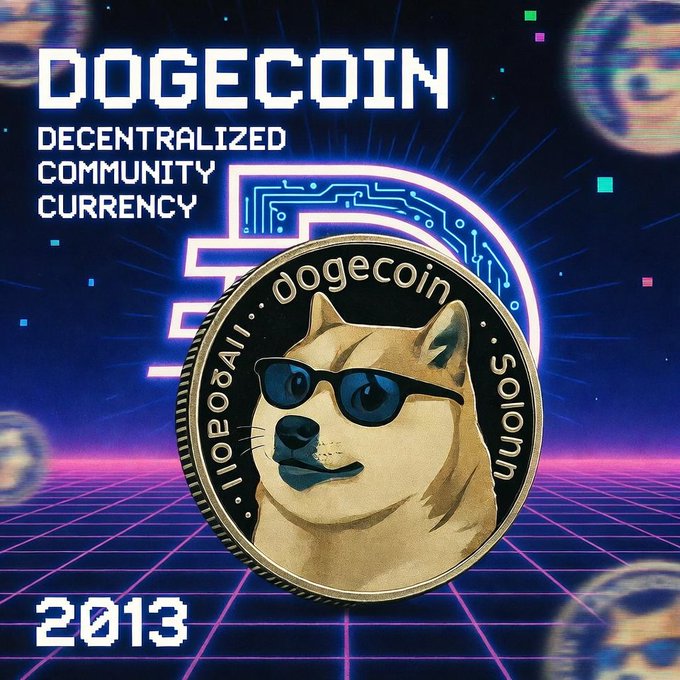 A retro-style Dogecoin graphic featuring the iconic Shiba Inu dog wearing sunglasses on a coin, with text reading 'DOGECOIN DECENTRALIZED COMMUNITY CURRENCY' and '2013' against a neon grid background.