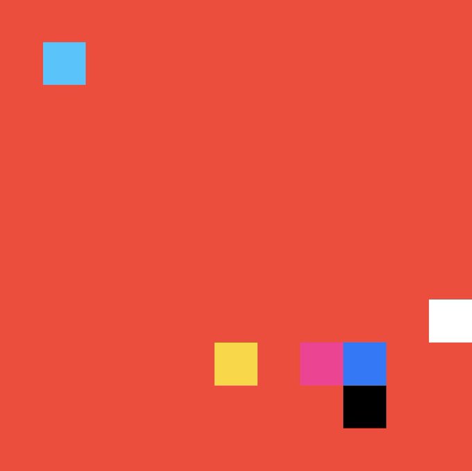 A minimalist red background with scattered small colored squares (blue, yellow, pink, and black) in a seemingly abstract composition.