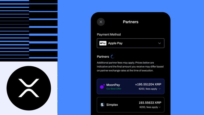 The image shows a BitPay Wallet "Partners" screen displaying Apple Pay as the payment method and comparing XRP purchase rates from MoonPay (≈195.551204 XRP, our best offer, $200 with fees) and Simplex (193.55633 XRP, $200 with fees), illustrating the post's message about comparing multiple provider offers in one app.