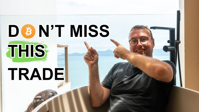 A thumbnail-style image showing a man pointing to text reading 'DON'T MISS THIS TRADE' with a Bitcoin logo replacing the 'O'.