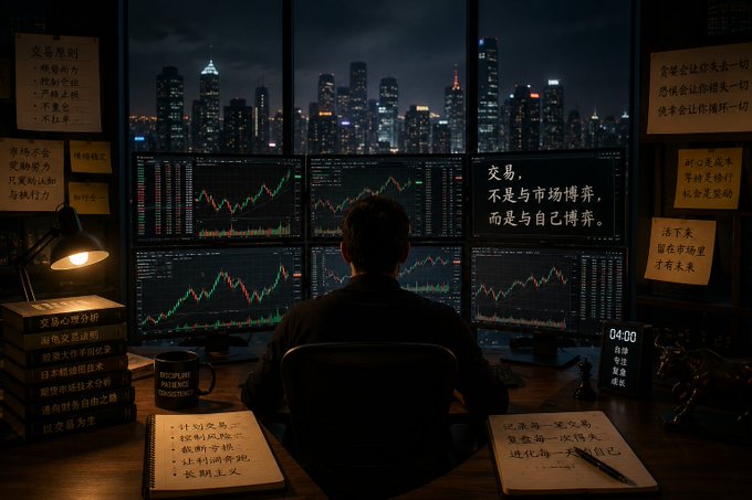 An AI-generated image of a person facing multiple monitors displaying stock charts and graphs, with Chinese text notes posted on the walls and desk about trading philosophy and discipline.