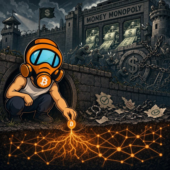 A satirical cartoon showing a person in an orange hazmat mask with a Bitcoin symbol planting a glowing Bitcoin seed underground, while a fortress labeled 'MONEY MONOPOLY' looms above with soldiers printing dollar bills.