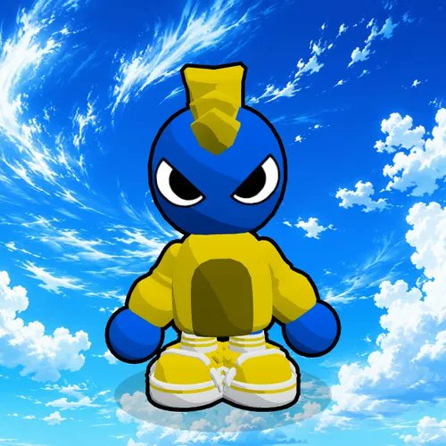 A stylized cartoon character resembling a blue creature with a yellow mohawk, yellow hoodie, and yellow sneakers stands against a dramatic blue sky with white clouds.
