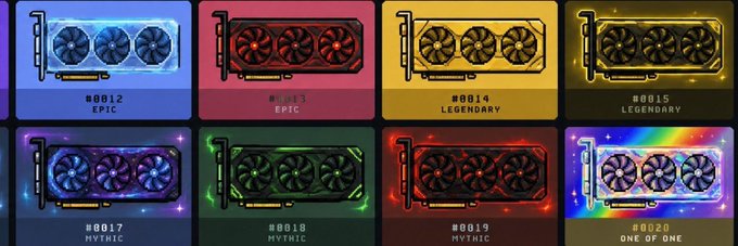 The image showcases eight distinct GPU NFT collectibles from the HashGPU collection, each labeled with a unique identifier (#0012 EPIC through #0020 ONE OF ONE) and varying rarity tiers including Epic, Legendary, Mythic, and "One of One." These digital graphics correspond directly to the giveaway, representing the GPU NFT items being distributed in the promotion with 8 GTD (guaranteed) and 17 FCFS (first-come, first-served) spots among a total supply of 3,333 NFTs.