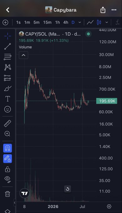A TradingView chart shows CAPY/SOL with a current price of $195.69K, up 11.33%, supporting the post's bullish claim that Capybara could become a 9-figure coin in the next bull run. The chart displays a long-term daily view extending into 2026, with the asset showing strong upward momentum after a period of consolidation.