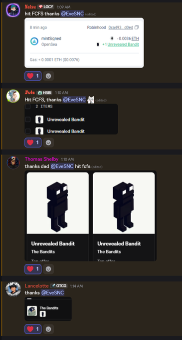 A Discord chat screenshot showing users thanking @EveSNC for gifting them 'Unrevealed Bandit' items from a 'Robinhood' OpenSea mint.