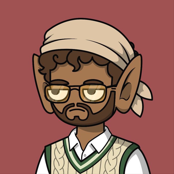 A cartoon illustration of a man with brown skin, wearing a beige bandana, glasses, a white collared shirt, and a green-trimmed sweater vest, set against a reddish-brown background.
