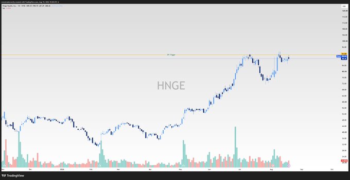A TradingView daily chart displays $HNGE (Hinge Health) stock showing a strong uptrend from late 2024 into 2025, with price currently testing resistance near the $91-92 level. The chart features volume bars at the bottom and the ticker "HNGE" watermarked in the center, visually supporting the post's claim of a breakout pattern mirroring $LLY and a potential run toward $100.