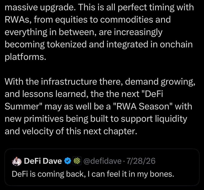 DeFi Dave (@defidave) tweets "DeFi is coming back, I can feel it in my bones," with commentary above suggesting the next "DeFi Summer" may instead be an "RWA Season" as real-world assets become increasingly tokenized. The post parallels this to a new RWA Season beginning on Robinhood Chain with Stick Tokens, echoing DeFi Summer's original AMM experimentation on Ethereum Mainnet.