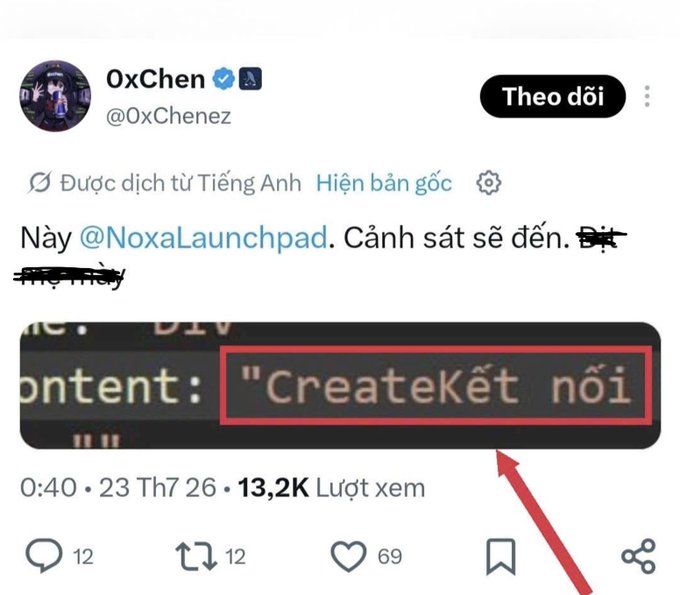 A Vietnamese-translated X (Twitter) post from verified user 0xChen (@0xChenez) mentioning '@NoxaLaunchpad' with a red box and arrow highlighting the text 'CreateKết nội' in an embedded image, posted on 23 Th7 26 with 13.2K views.