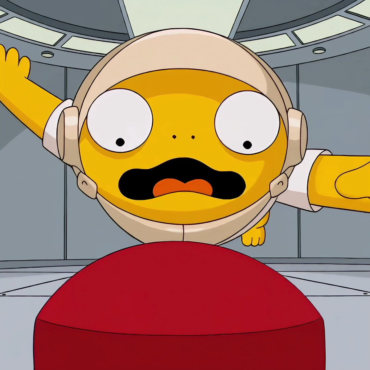 A cartoon yellow alien-like character with wide eyes and an open mouth wearing a white helmet, appearing panicked or surprised in a grey futuristic room with a large red button in the foreground.