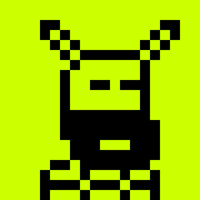 A pixel art illustration of a character or creature with horns, glasses, and a beak-like mouth rendered in black against a bright lime-green background.