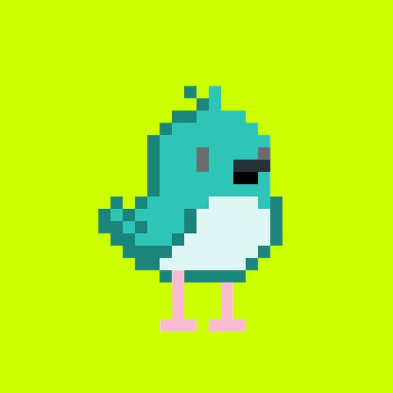 A pixel art illustration of a teal and white bird character standing on pink legs against a bright green background, representing the "Emerald Bird" NFT from the birdhood collection that was purchased for 0.0089 ETH. The image's green backdrop and emerald-colored bird visually reflect the NFT's name highlighted in the accompanying post.
